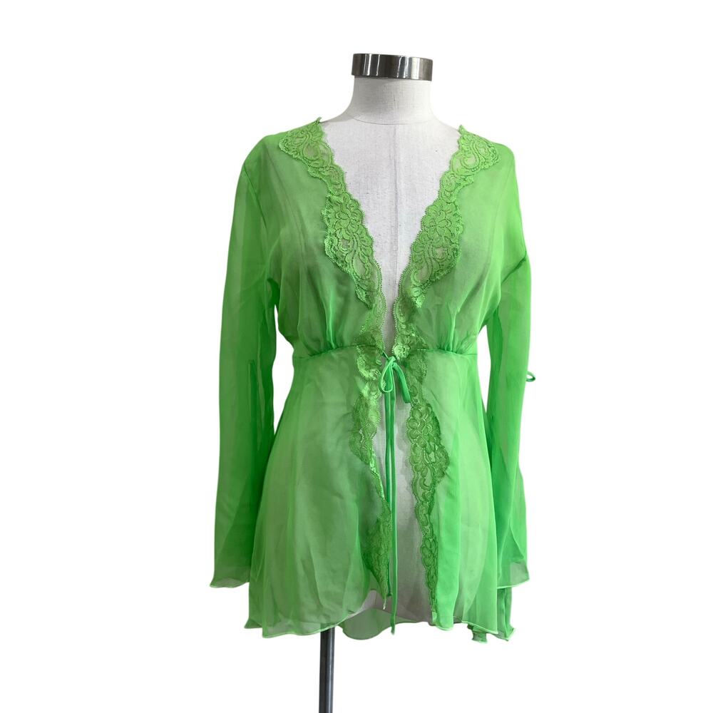 Shirley of Hollywood Sheer Lace Robe Lingerie Coquette Green S/M